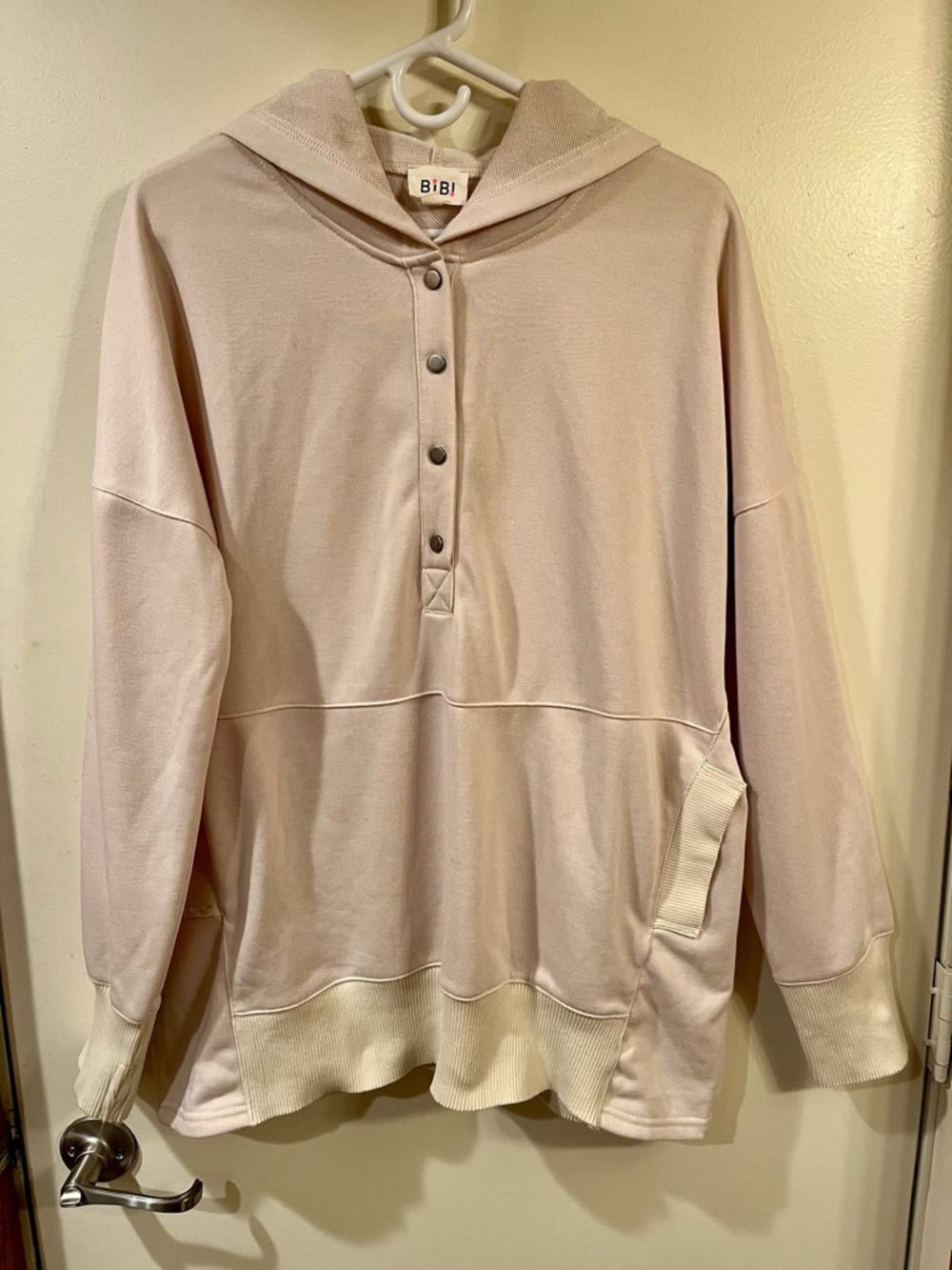 Bibi Cream Half Button Up Pullover Hoodie Sweatshirt - Size Large